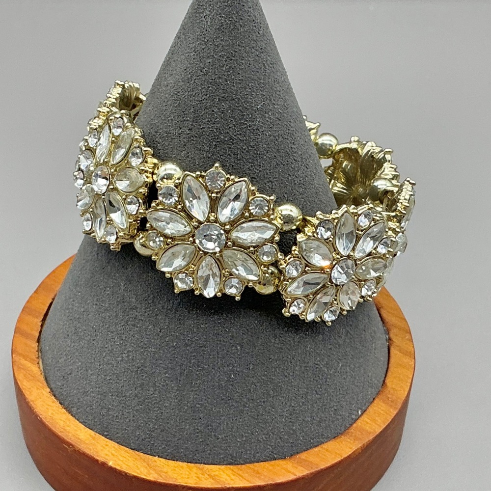 Flower Rhinestone Bracelet Women Gold Tone Crystal Floral Stretch Statement